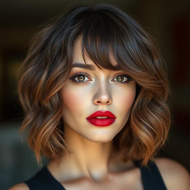 Wet bob with soft curls and bold lipstick