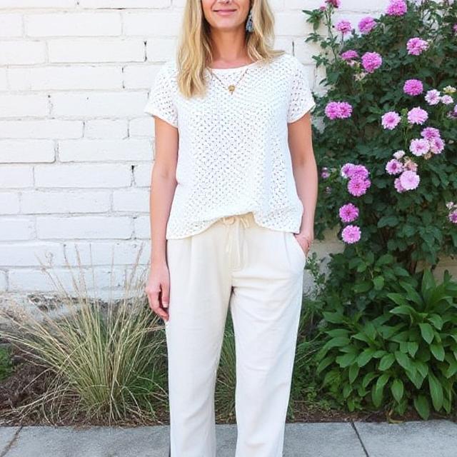 White Eyelet Top + High-Waisted Linen Pants