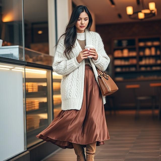 Winter brunch aesthetic outfit, oversized ivory cable knit cardigan, flowing satin skirt, suede tall boots, holding coffee, warm indoor lighting, bakery background