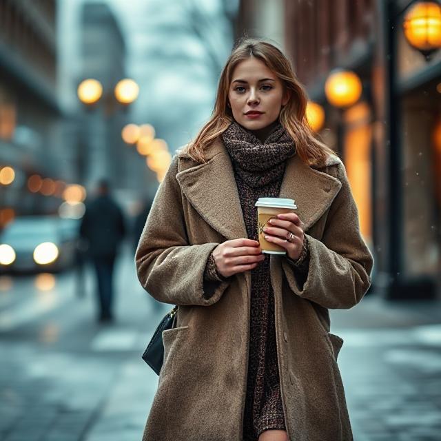 Winter fashion editorial vibe, girl on city street in oversized coat and dress, holding takeaway coffee, blurry background lights