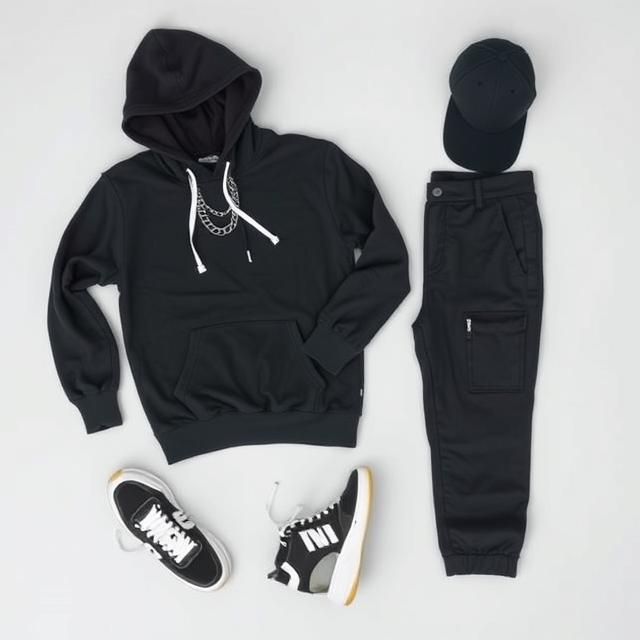 Top-down outfit grid: laid-out hoodie, cargos, sneakers, chains, and cap